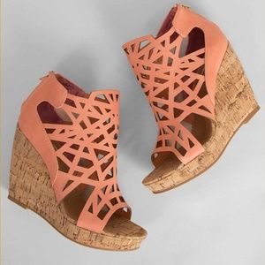 Coral Wedge Sandals (Size 10)w/ Geometric Cut Outs